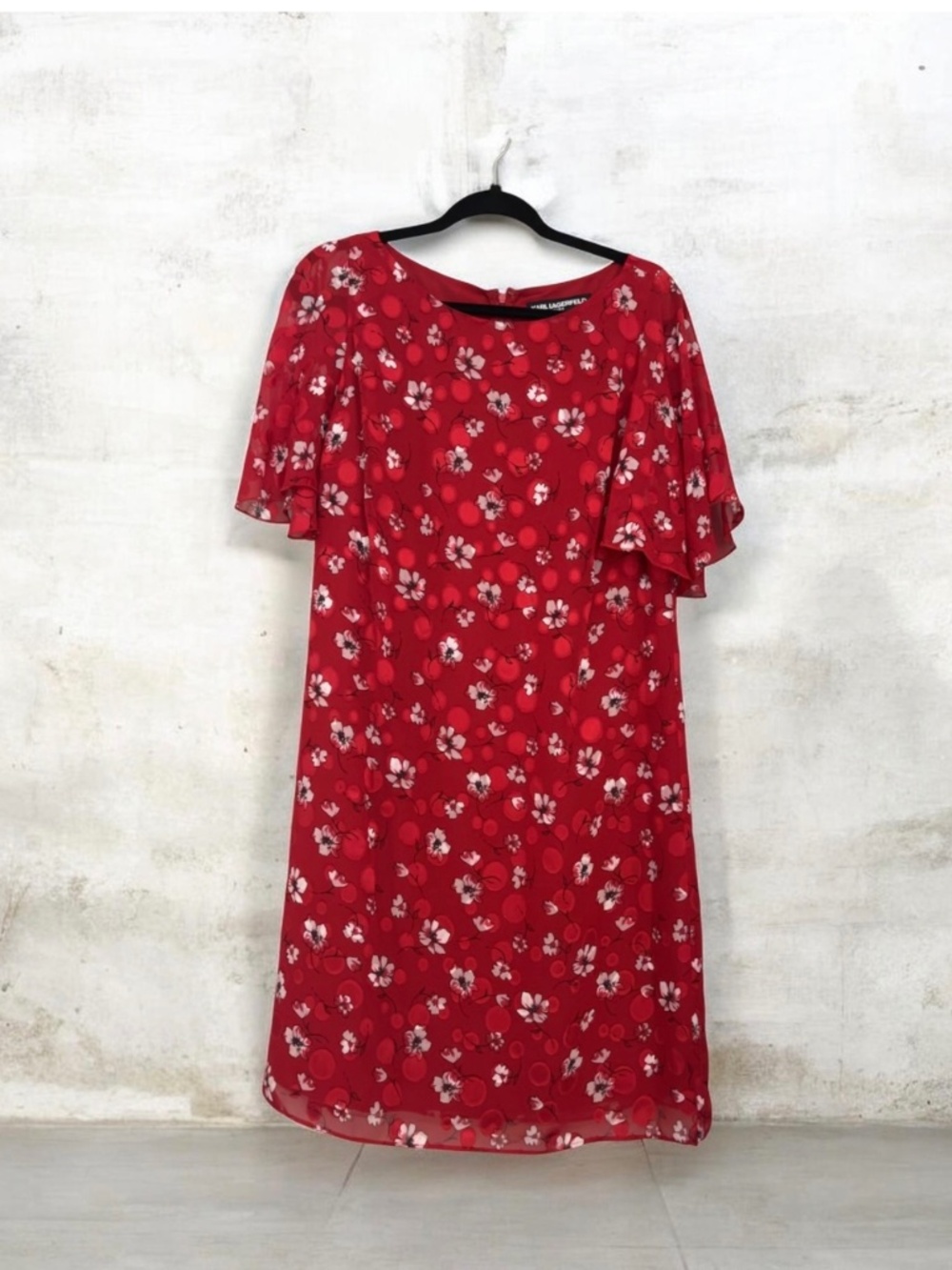 Karl Lagerfeld Red Floral Chiffon Lined Dress ~ Size 14